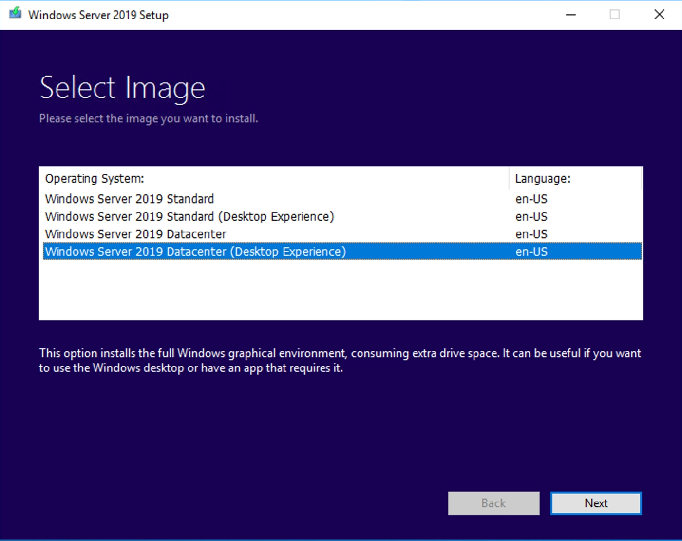 Asistente de instalación Windows Server 2019