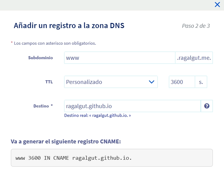 Configurar zona DNS en proveedor de dominio