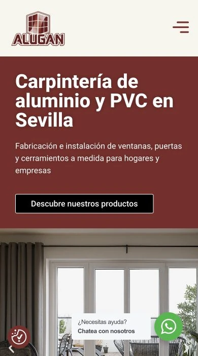 Portada de Alugan a 390 píxeles de ancho, con menú compacto y presentación de sus servicios