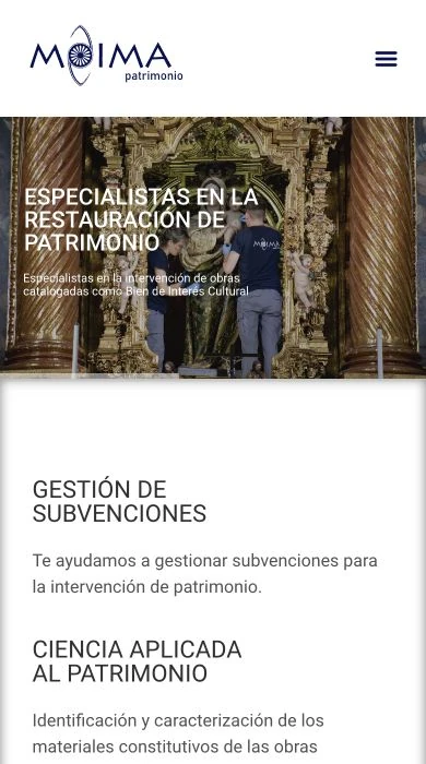 Portada de Moima Patrimonio a 390 píxeles de ancho, con menú compacto y contenido en una columna