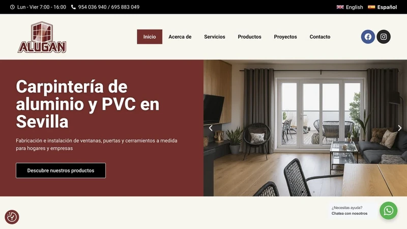 Página de inicio de Alugan, con sus servicios de carpintería de aluminio y PVC en Sevilla