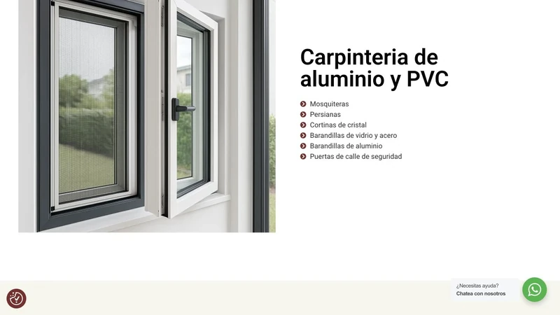 Página de productos de Alugan en escritorio, con imagen y listado de soluciones de carpintería